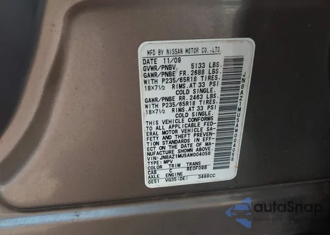 2010 Nissan Murano S/Sl/Le z USA, uszkodzony, nr VIN JN8AZ1MU5AW004058